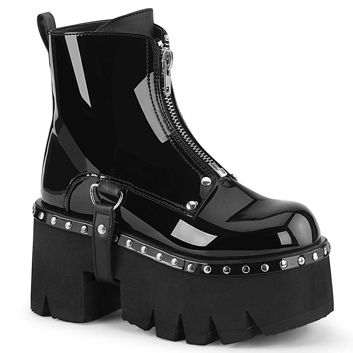 Demonia Ashes-100 3 1/2"Chunky Heel, 2 1/4"Cut OutPF Ankle Boot,FrontZip