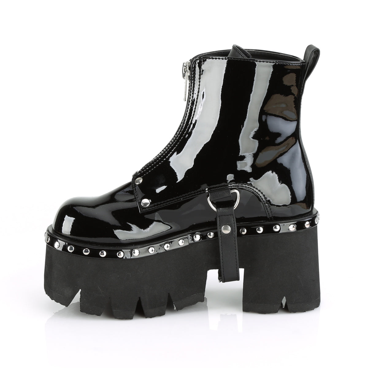 Demonia Ashes-100 3 1/2"Chunky Heel, 2 1/4"Cut OutPF Ankle Boot,FrontZip