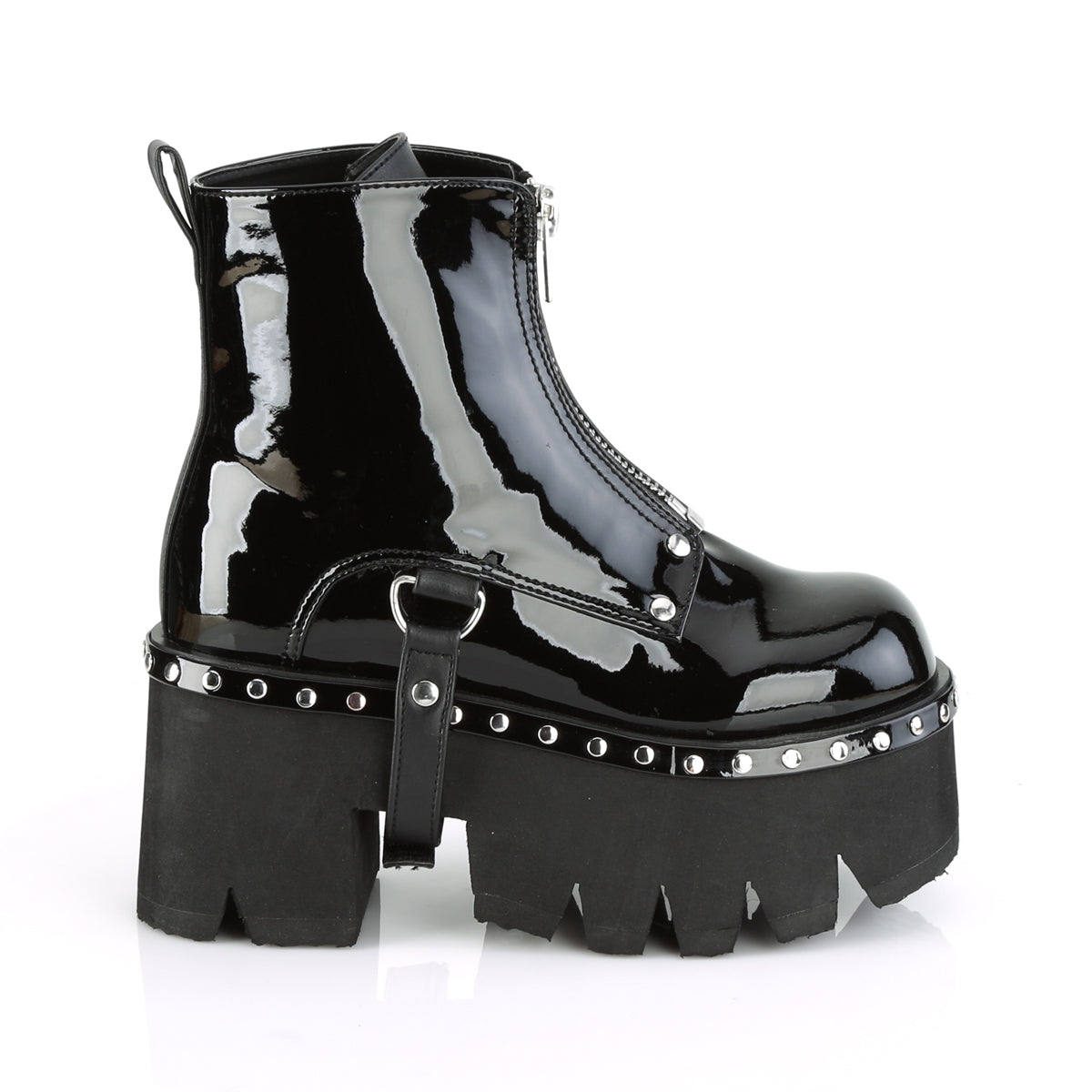 Demonia Ashes-100 3 1/2"Chunky Heel, 2 1/4"Cut OutPF Ankle Boot,FrontZip