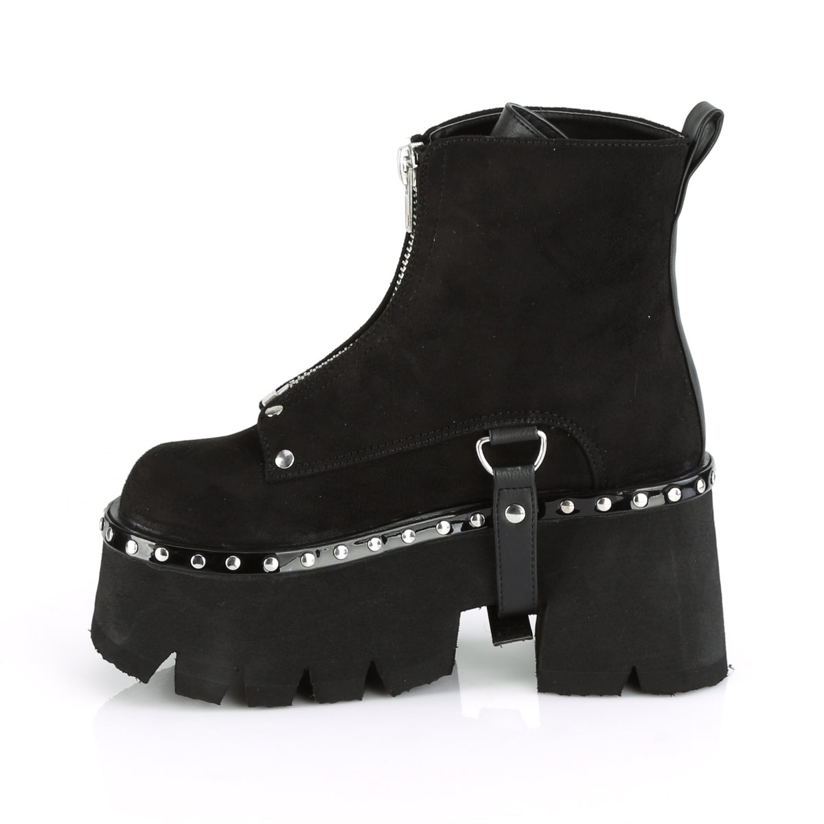 Demonia Ashes-100 3 1/2"Chunky Heel, 2 1/4"Cut OutPF Ankle Boot,FrontZip