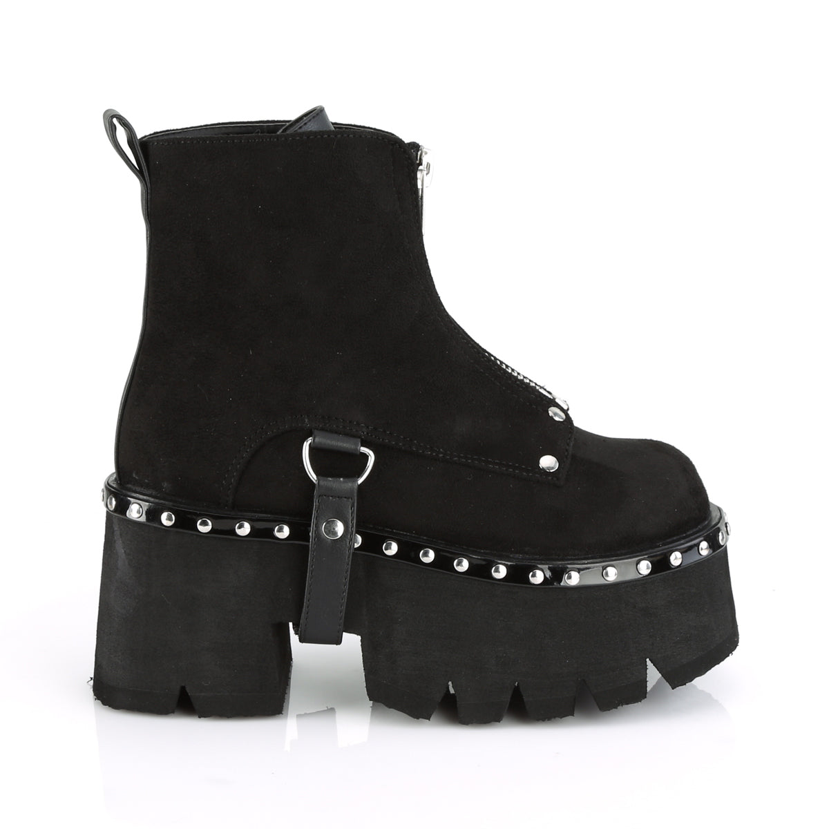 Demonia Ashes-100 3 1/2"Chunky Heel, 2 1/4"Cut OutPF Ankle Boot,FrontZip