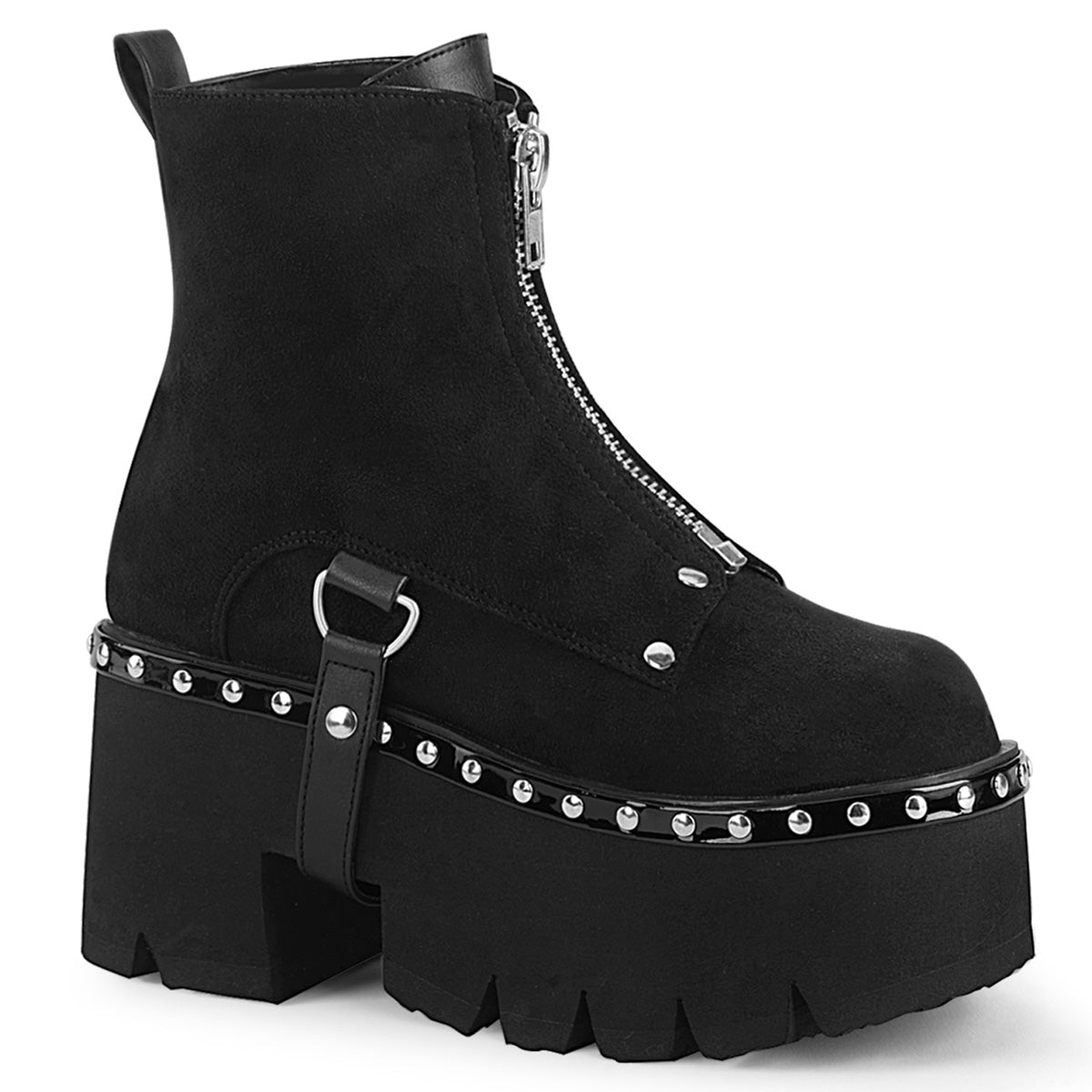 Demonia Ashes-100 3 1/2"Chunky Heel, 2 1/4"Cut OutPF Ankle Boot,FrontZip