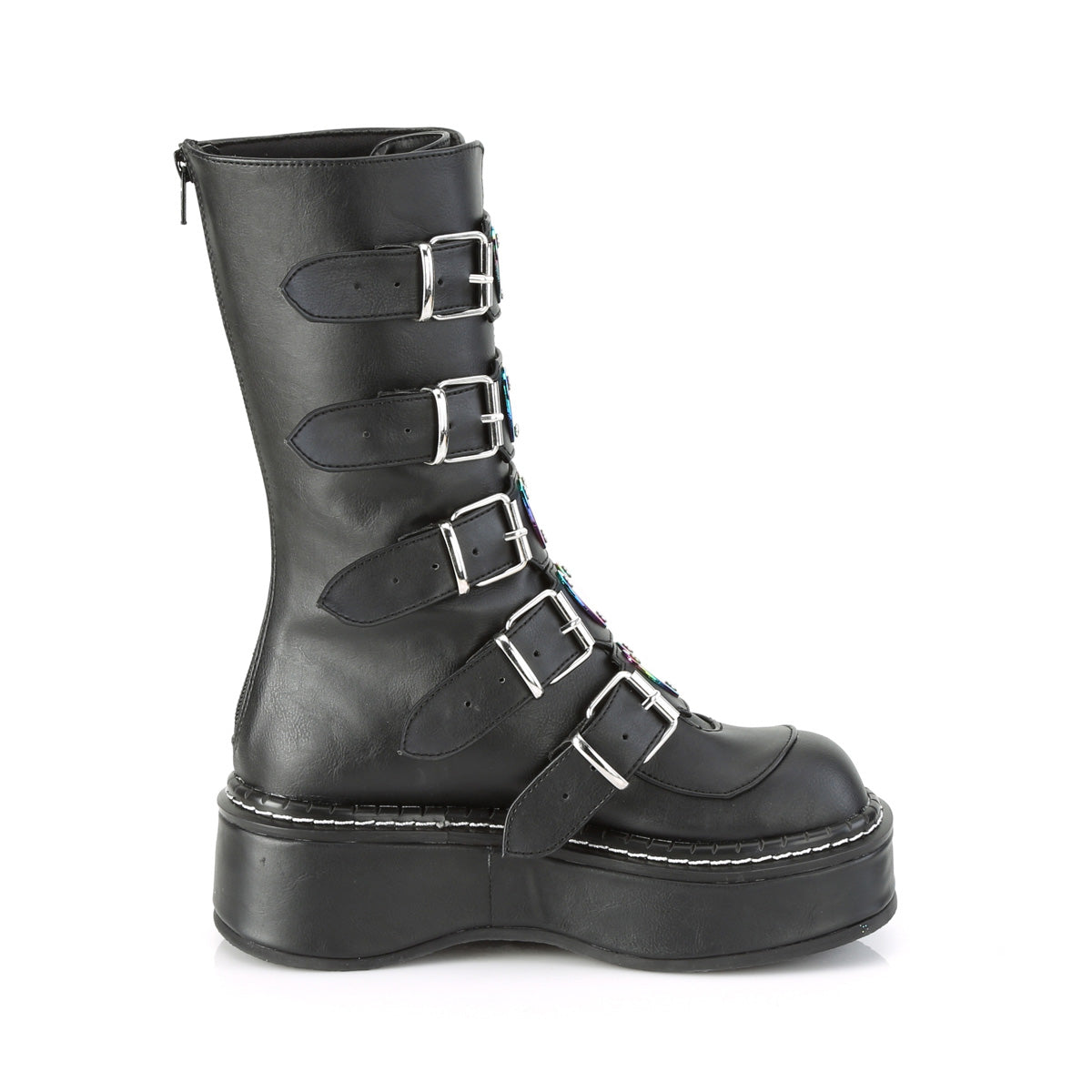 Demonia Emily-330 2" Platform Calf High w/ 5 Buckle Straps, Back Metal Zip