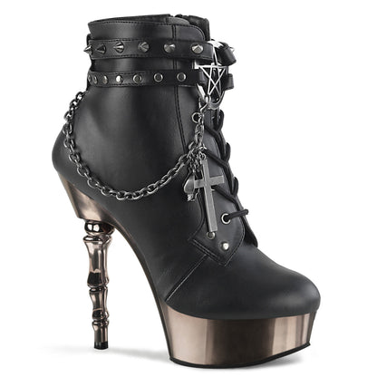 Demonia Muerto-1001 5 1/2" Finger Bone Heel, 1 1/2" PF Lace-Up Ankle Boot