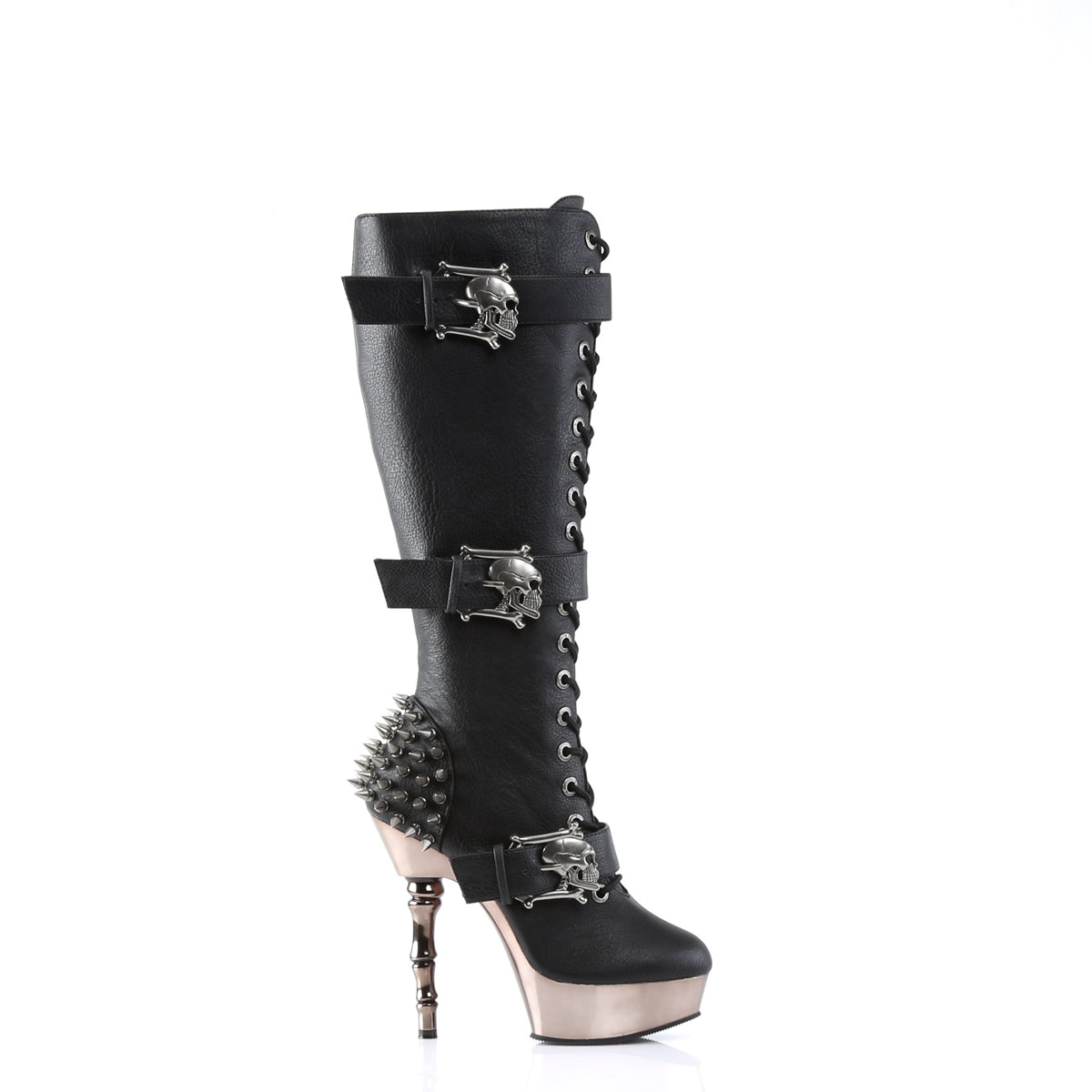 Demonia Muerto-2028 5 1/2" Finger Bone Heel, 1 1/2" PF Lace Up Knee High Boot