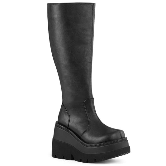 Demonia Shaker-100 4 1/2" Wedge PF Wide Calf Knee High Boot, Inside Zip