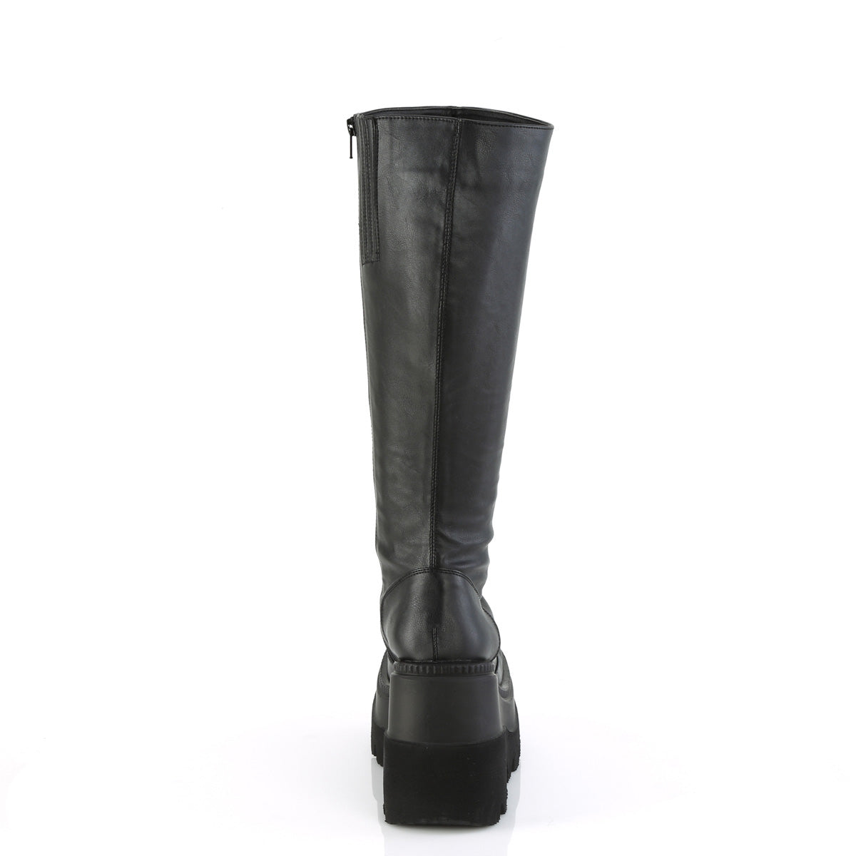 Demonia Shaker-100 4 1/2" Wedge PF Wide Calf Knee High Boot, Inside Zip